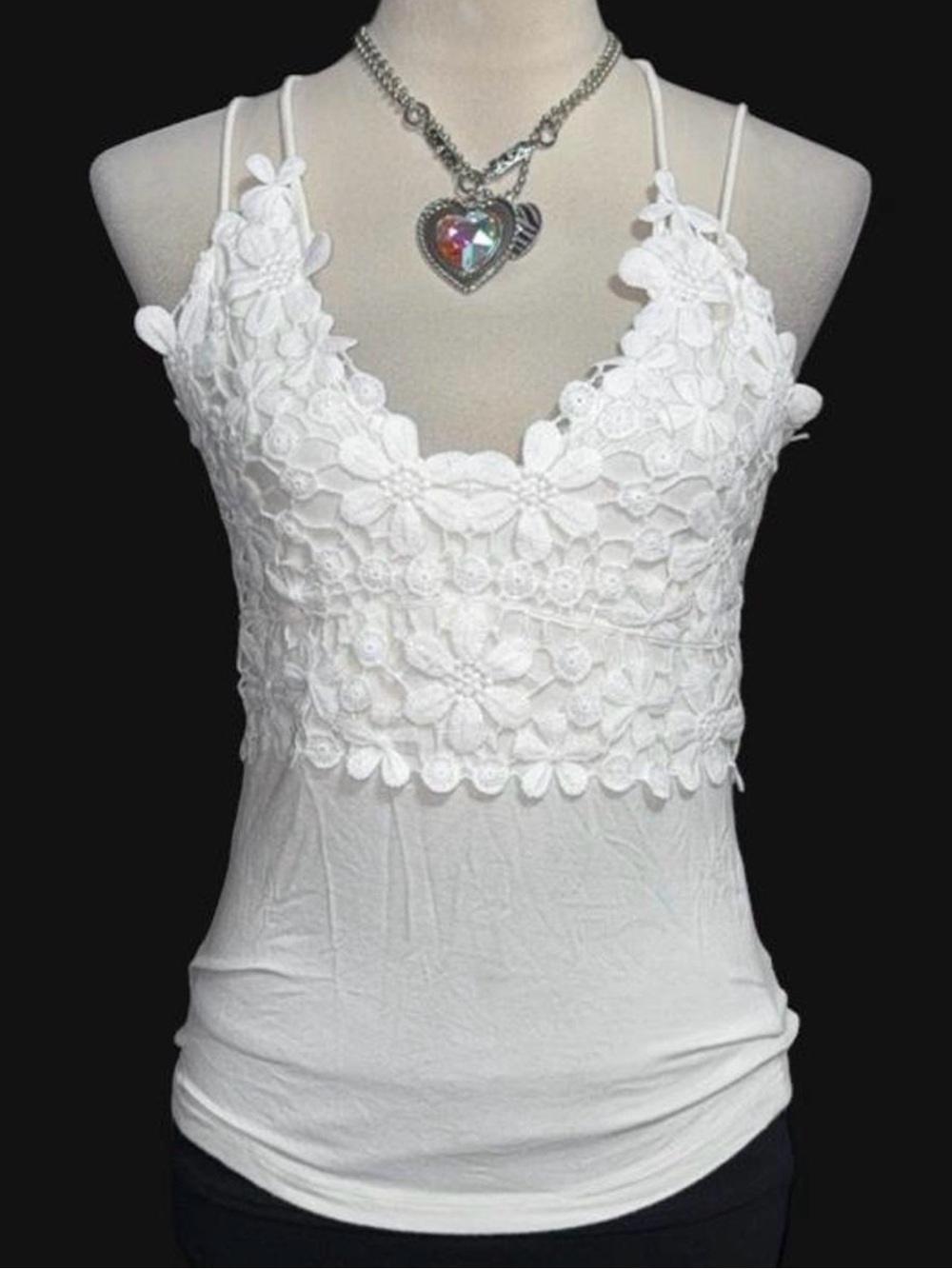 Red White Floral Lace Tank Top with Thin Straps